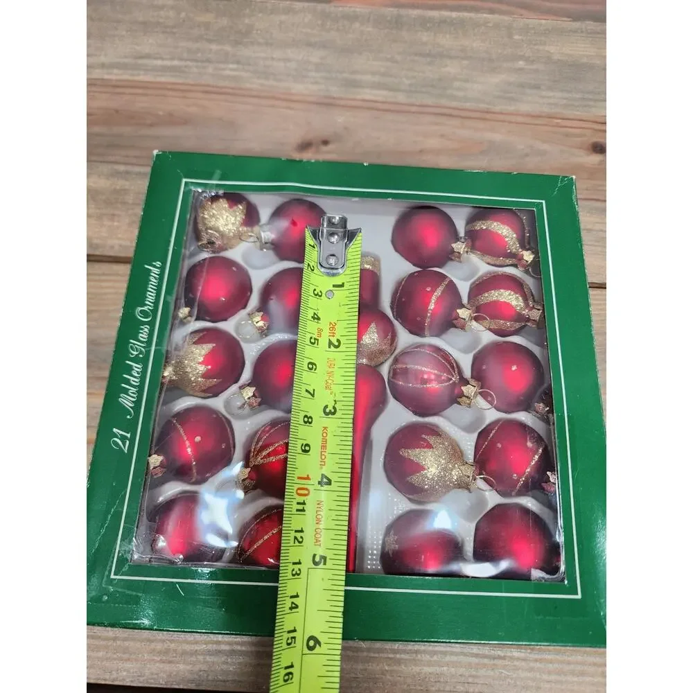 Box of 21 D&F Designs Glass Christmas Ornaments Red/Gold Glitter & Finial Topper